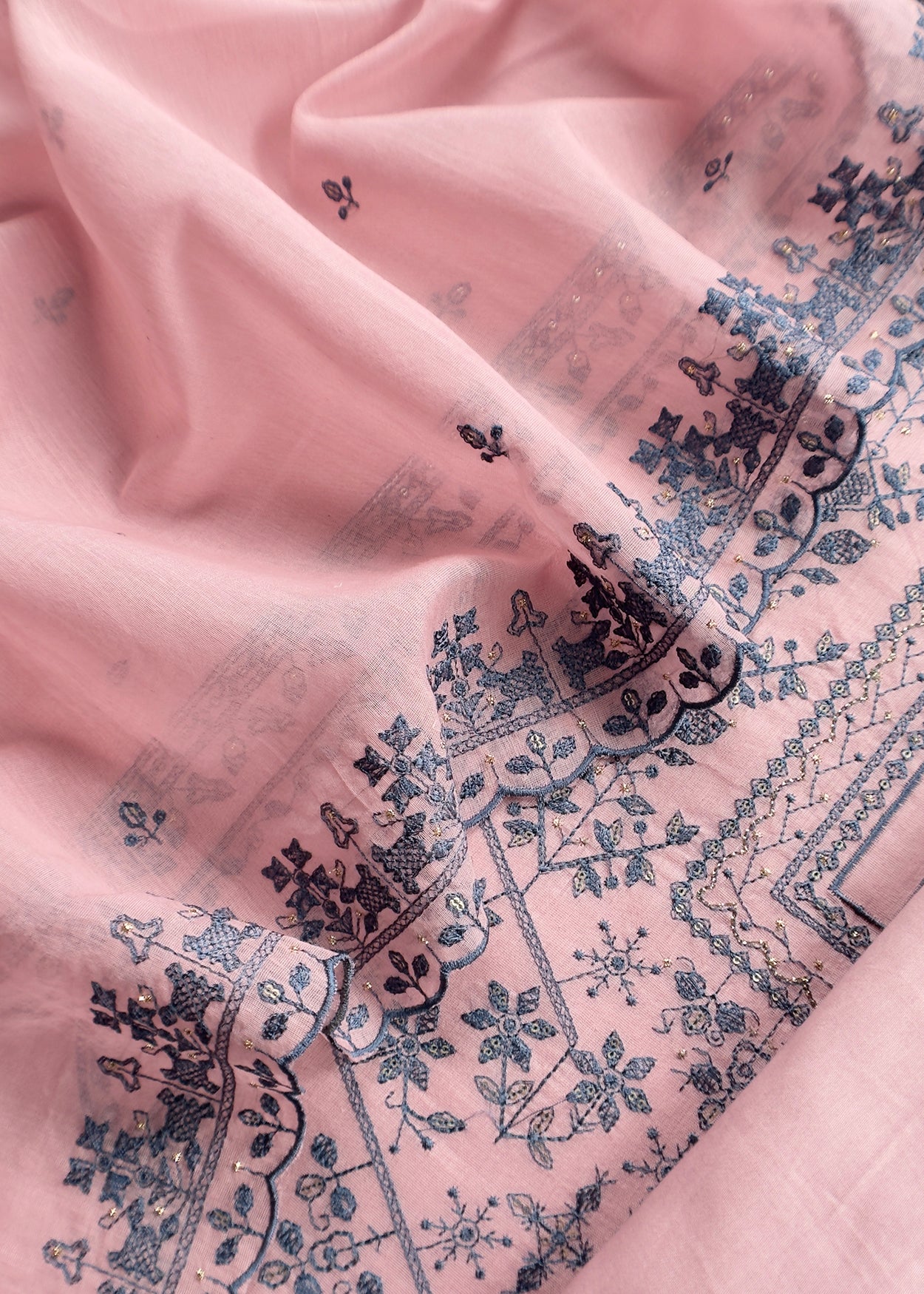 Pink Pure Mulmul Suit With Contrast Floral Thread Embroidery