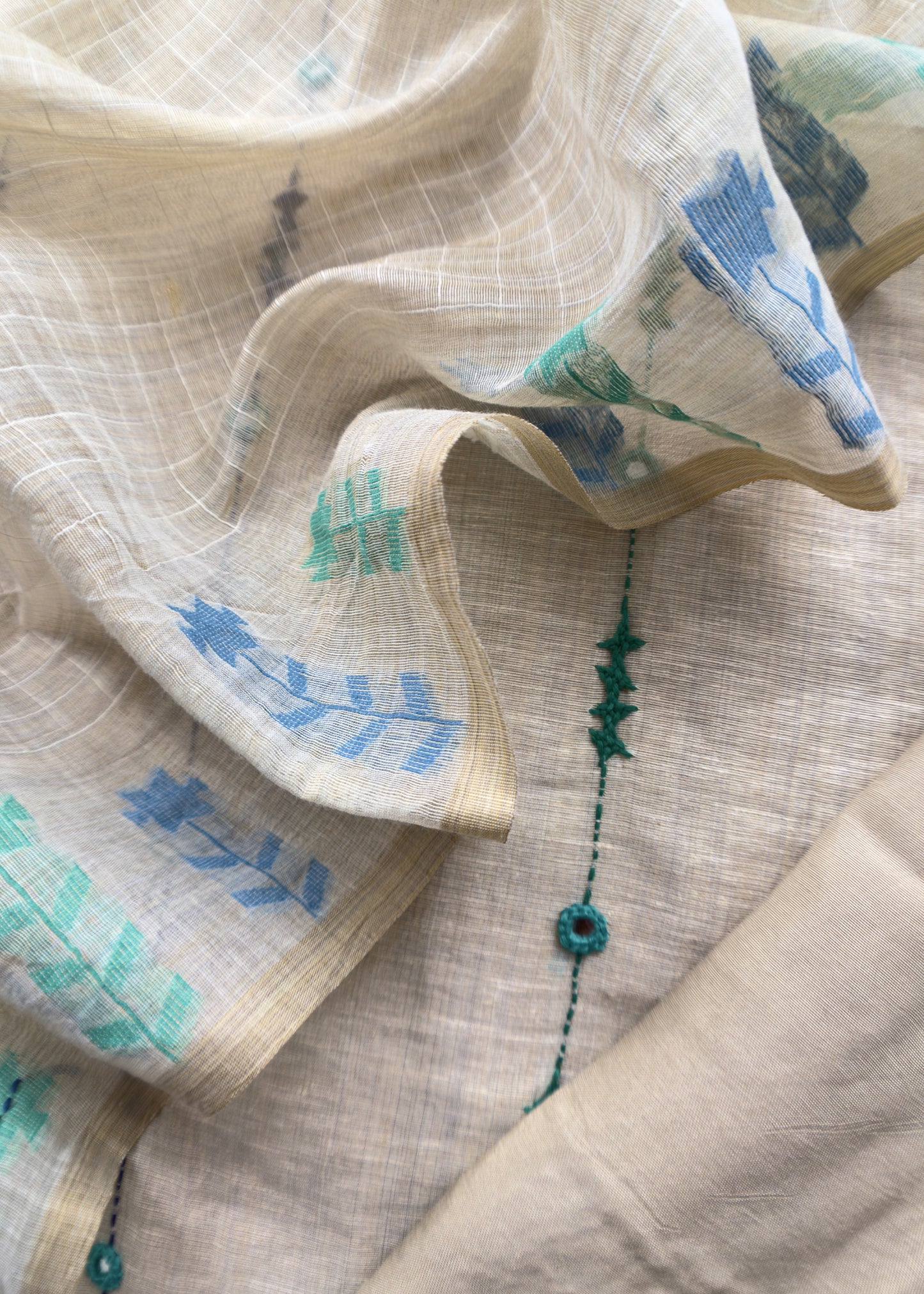 Beige With Firozi, Blue Kutch Embroidered Cotton Linen Unstitched Suit