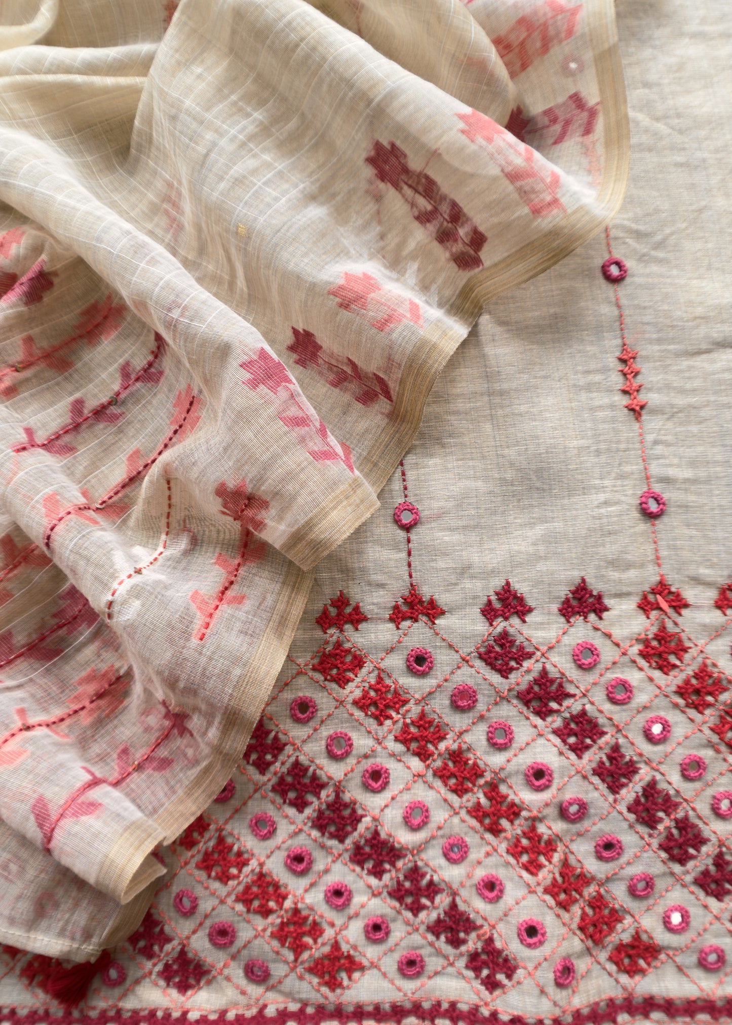 Beige With Pink, Red Kutch Embroidered Cotton Linen Unstitched Suit