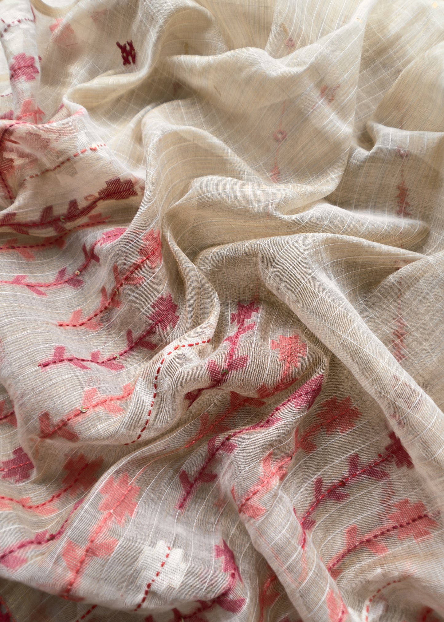 Beige With Pink, Red Kutch Embroidered Cotton Linen Unstitched Suit