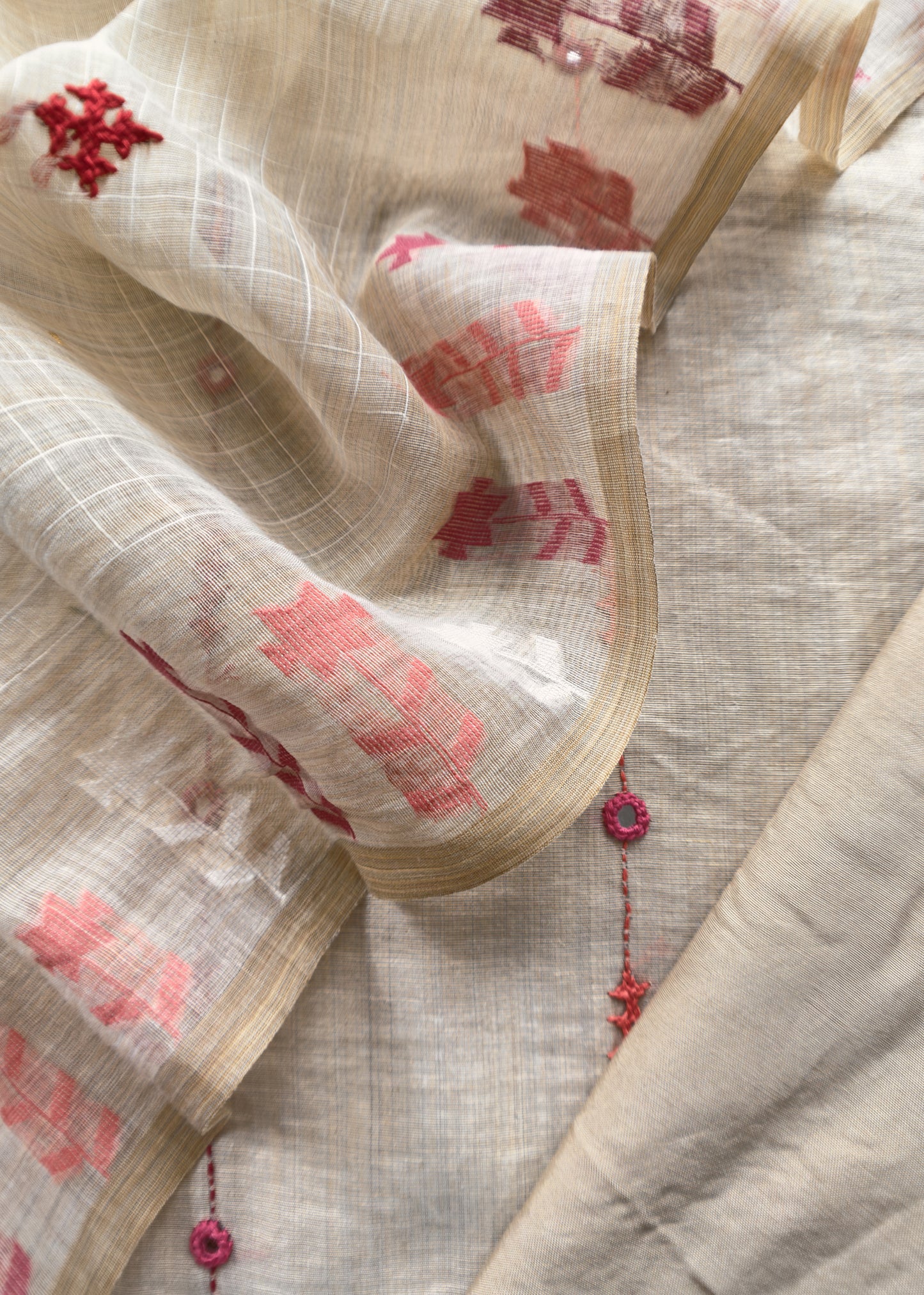 Beige With Pink, Red Kutch Embroidered Cotton Linen Unstitched Suit