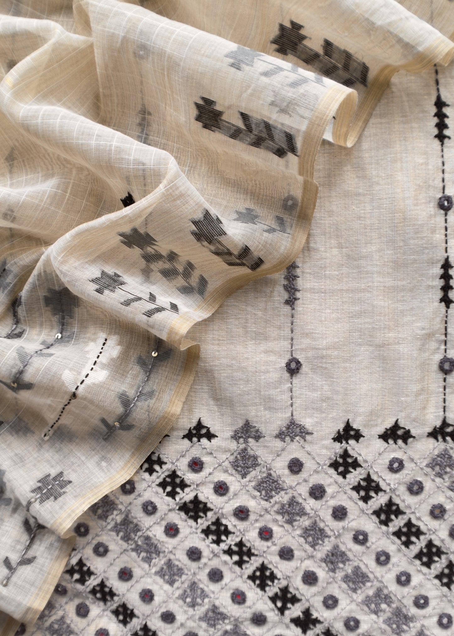Beige With Grey, Black Kutch Embroidered Cotton Linen Unstitched Suit