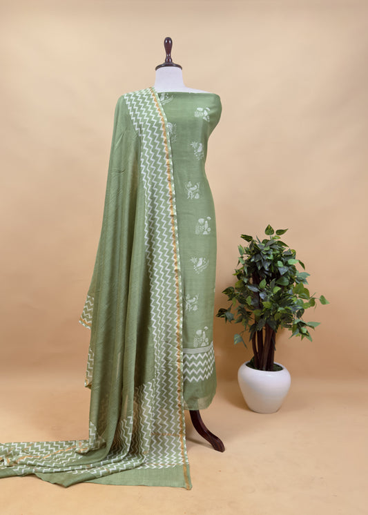 Apple Green Pure Maheshwari Silk Suit With Ekat Dupatta