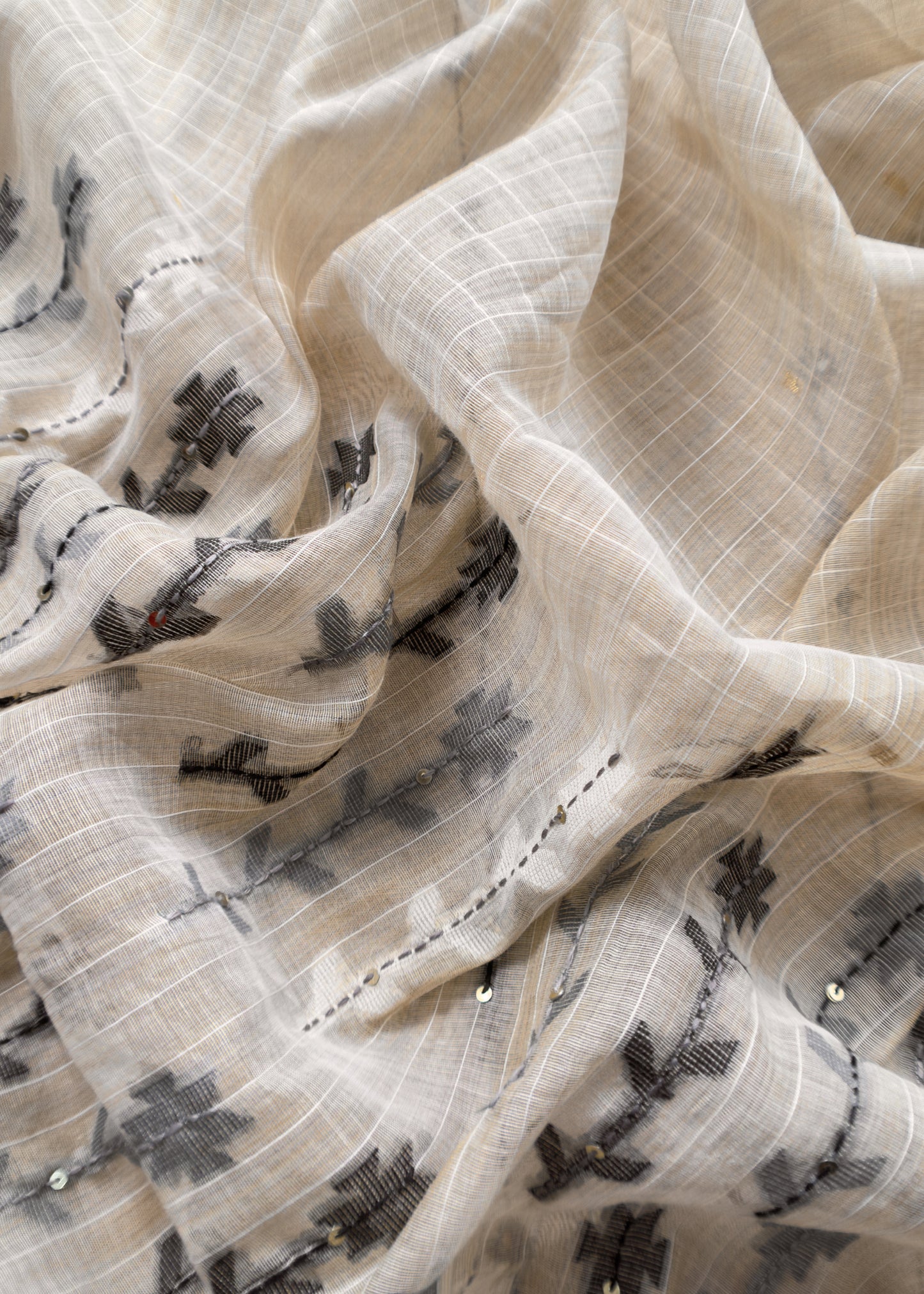 Beige With Grey, Black Kutch Embroidered Cotton Linen Unstitched Suit