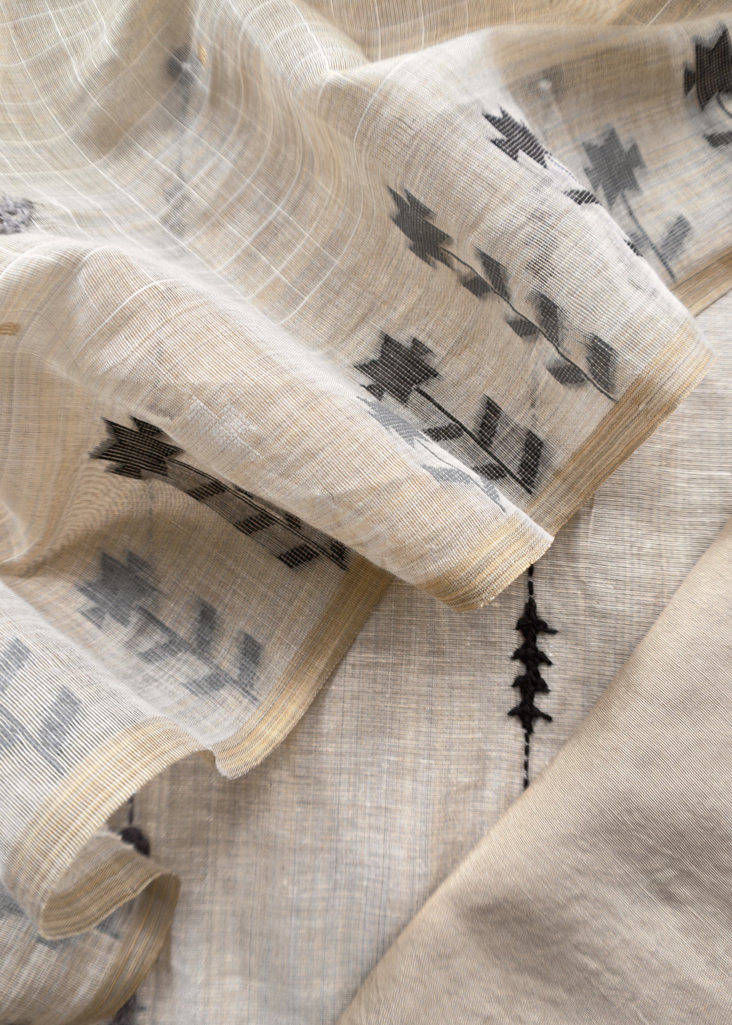 Beige With Grey, Black Kutch Embroidered Cotton Linen Unstitched Suit