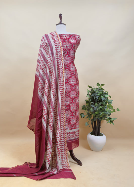 Cherry Red Pure Maheshwari Silk Suit Fabric With Patola And Ikkat Print