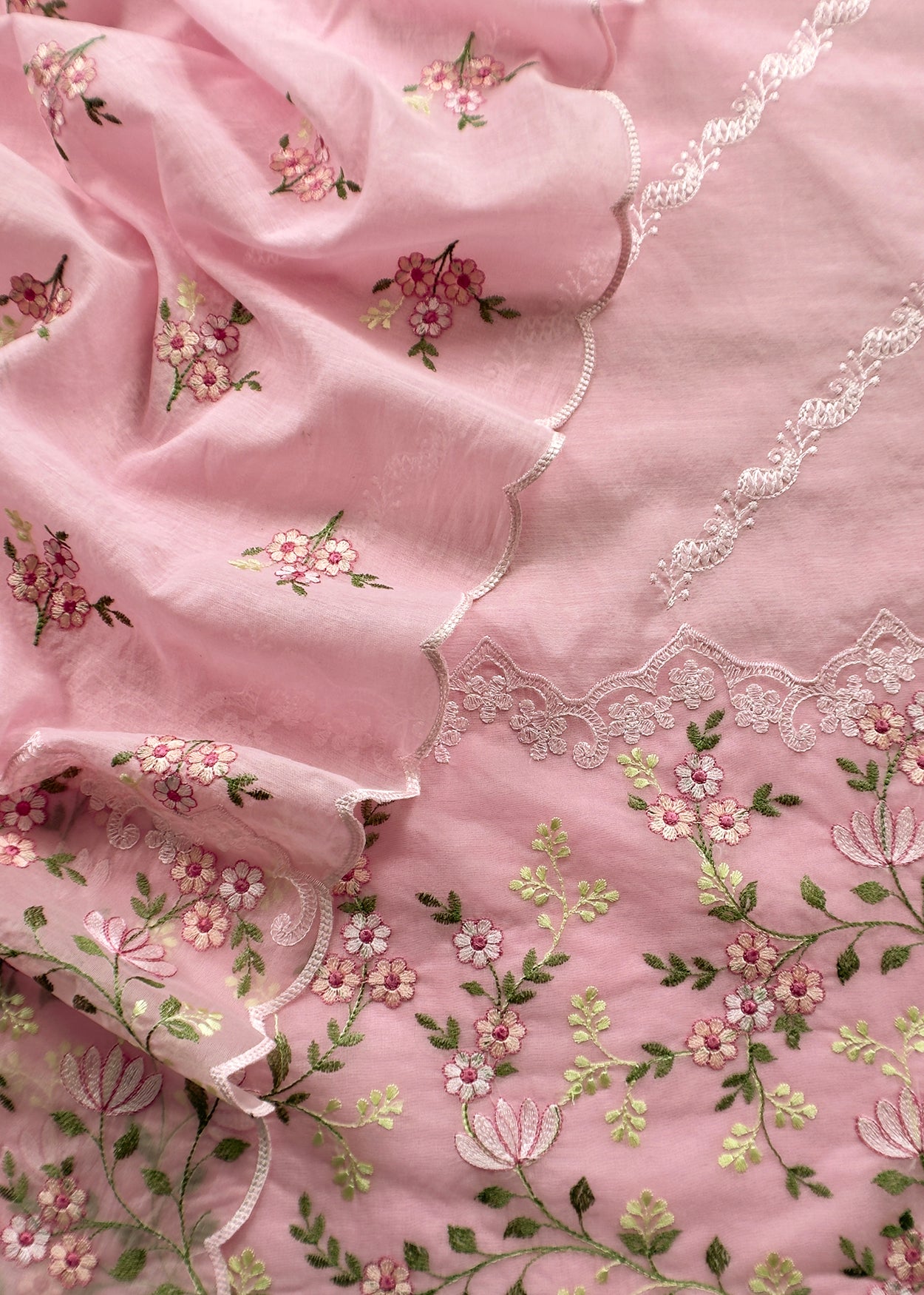 Baby Pink Pure Mulmul Suit Fabric With Floral Resham Embroidery