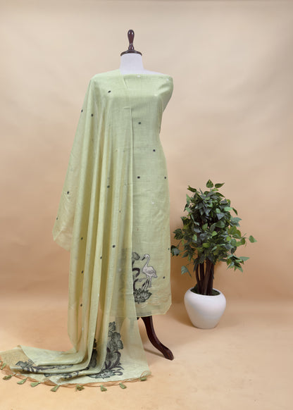Yellow Linen Chanderi Unstitched Suit With jamdani Weaving