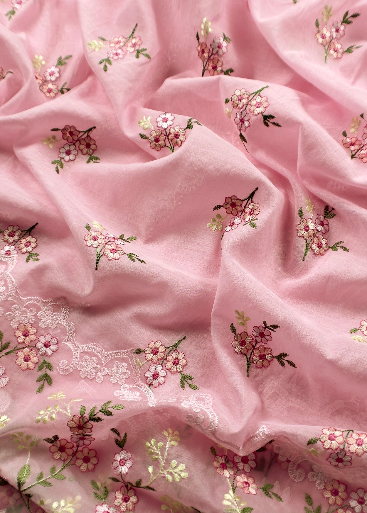 Baby Pink Pure Mulmul Suit Fabric With Floral Resham Embroidery