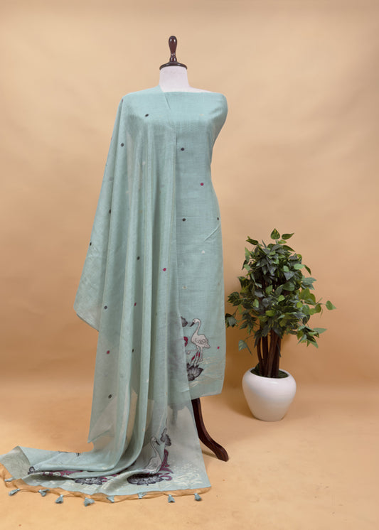 Blue Linen Chanderi Unstitched Suit With jamdani Weaving