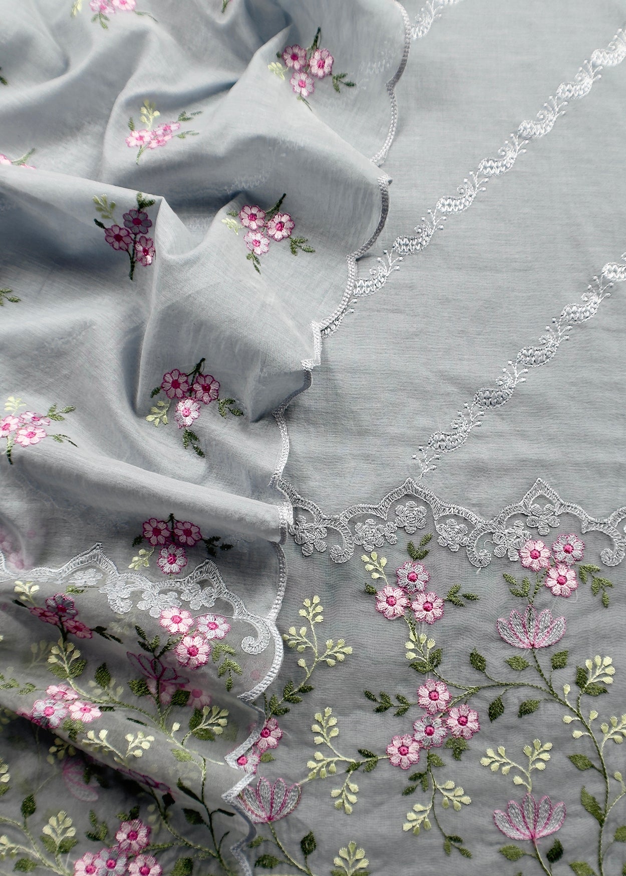 Grey Pure Mulmul Suit Fabric With Floral Resham Embroidery