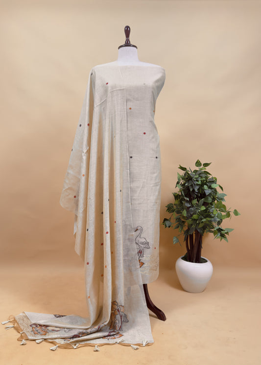 Beige Linen Chanderi Unstitched Suit With jamdani Weaving