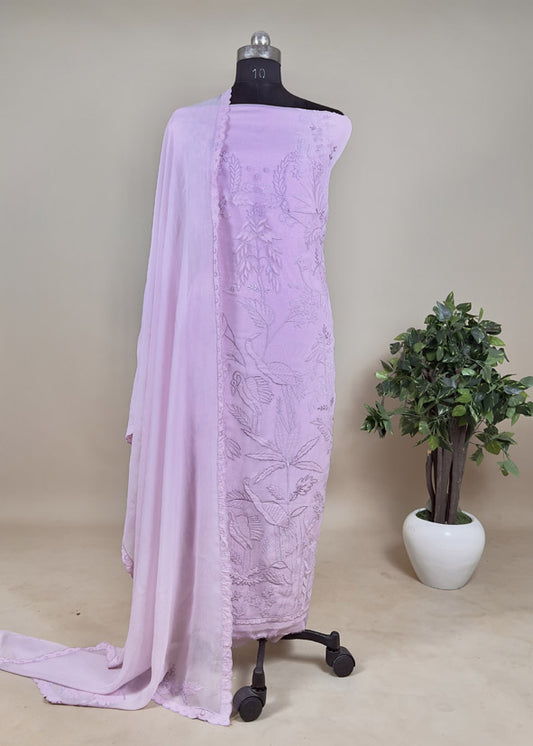Lavender Organza Unstitched Suit with Flamingo Applique Work
