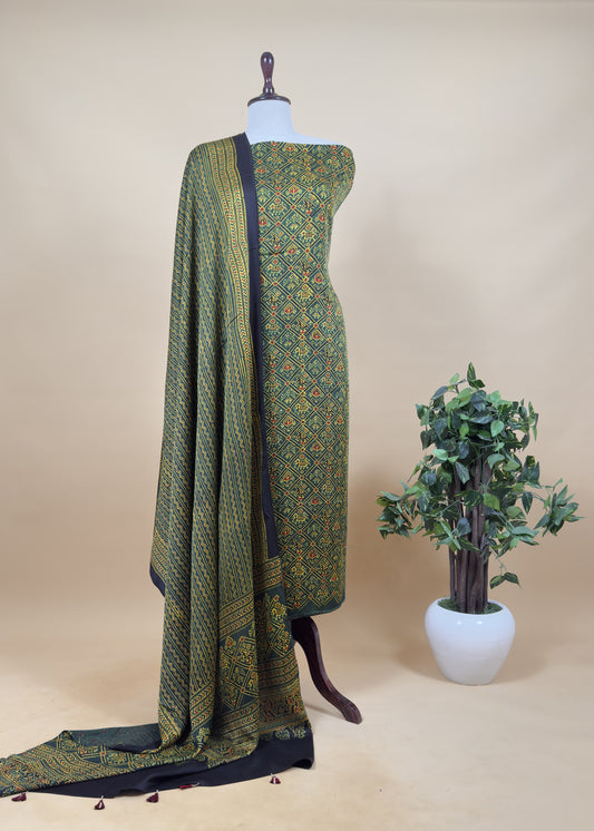 Green Ajrakh Hand Block Unstitched Suit In Pure Modal