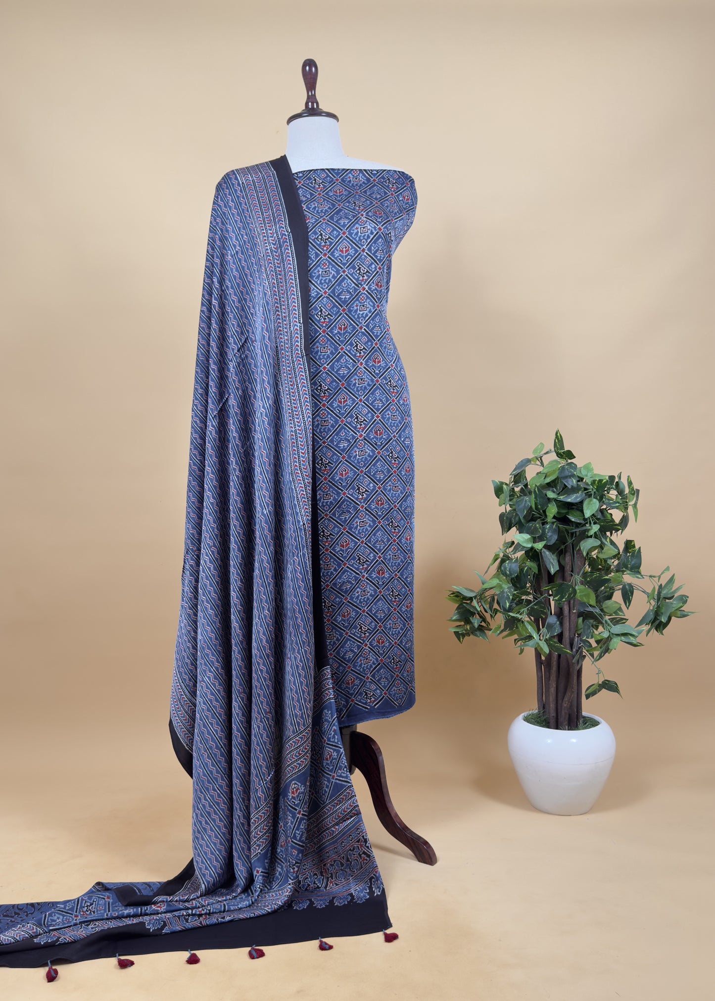 Green Ajrakh Hand Block Unstitched Suit In Pure Modal