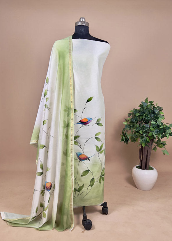 Green Unstitched Maheshwari Hand-Painted Suit