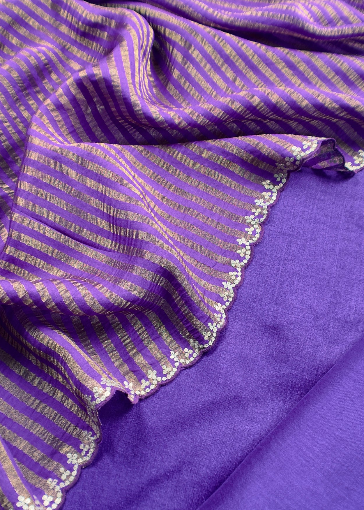 Violet Handloom Tussar Silk Suit With Tissue Stripe Dupatta