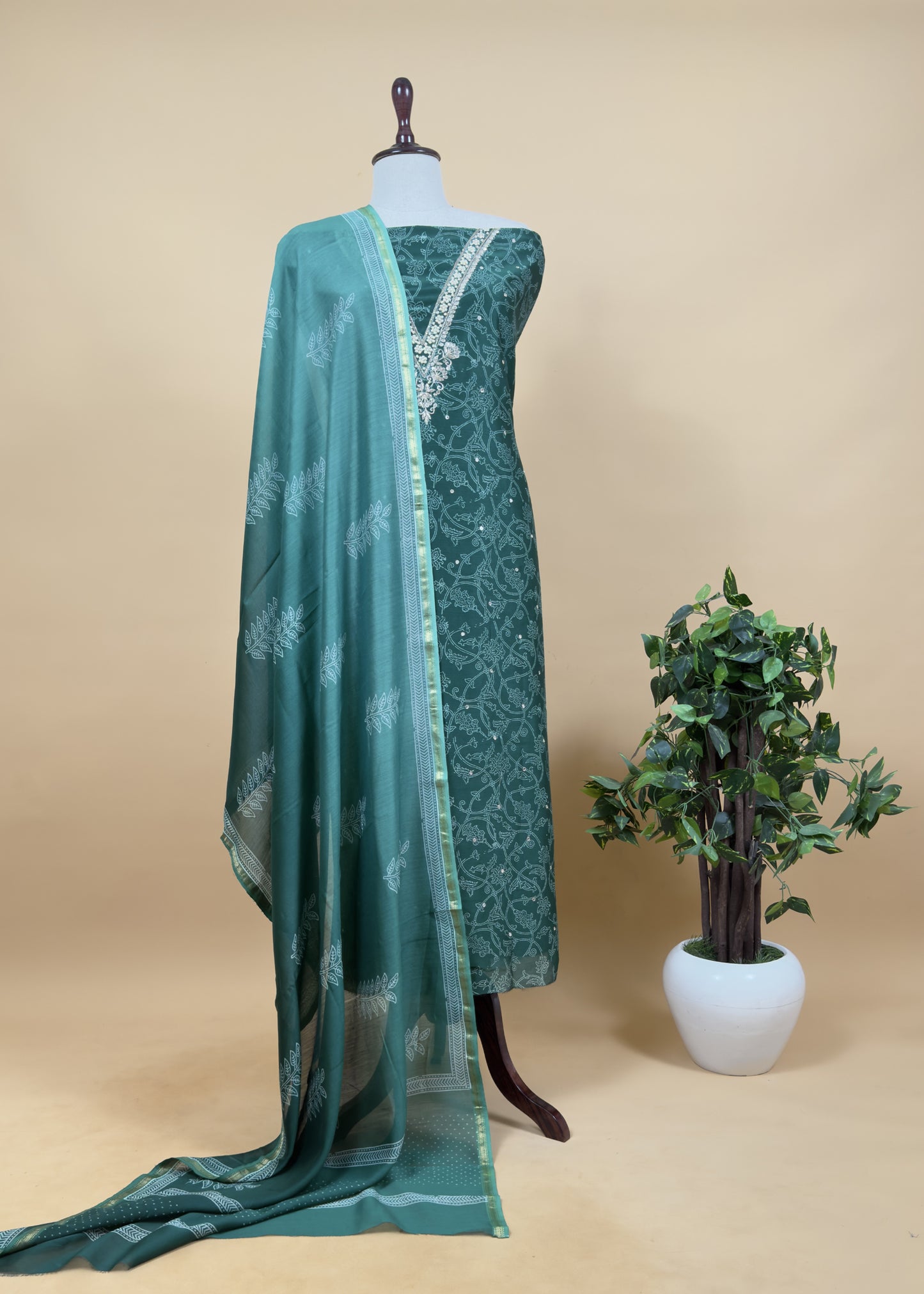 Emerald Green Pure Chanderi Silk Suit With Bagru Hand block Print And Gota patti Handwork