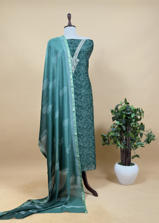 Emerald Green Pure Chanderi Silk Suit With Bagru Hand block Print And Gota patti Handwork
