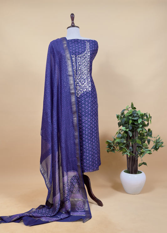 Violet Pure Maheshwari Suit Fabric With Akola Hand Block Print With Gota Patti Embroidery