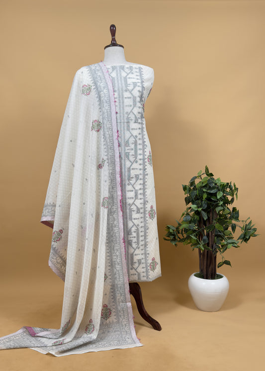 Off-White Pure Cotton Linen Hand Block Print Suit Fabric With Jamdani Weaving