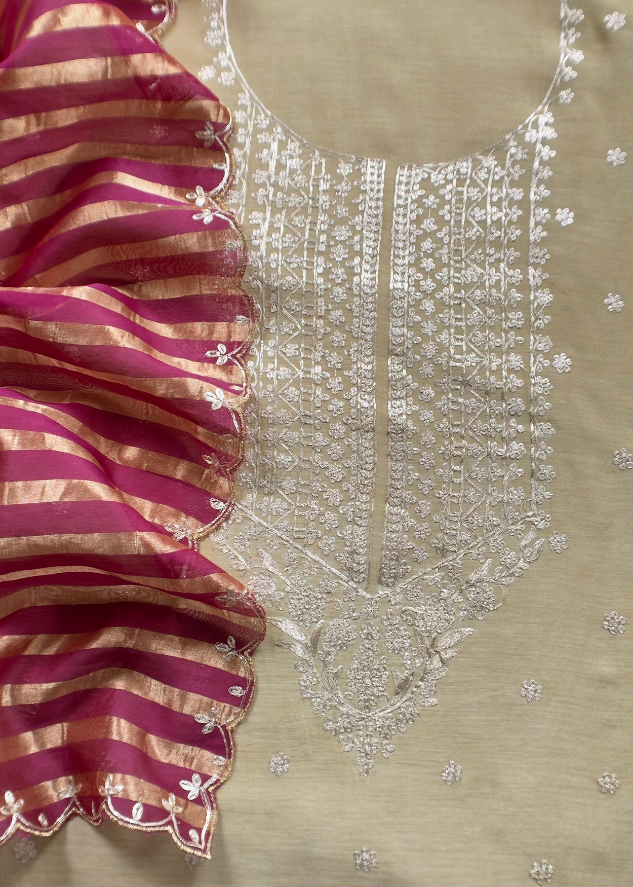 Beige Handloom Mulmul Suit With Tissue Panel Dupatta