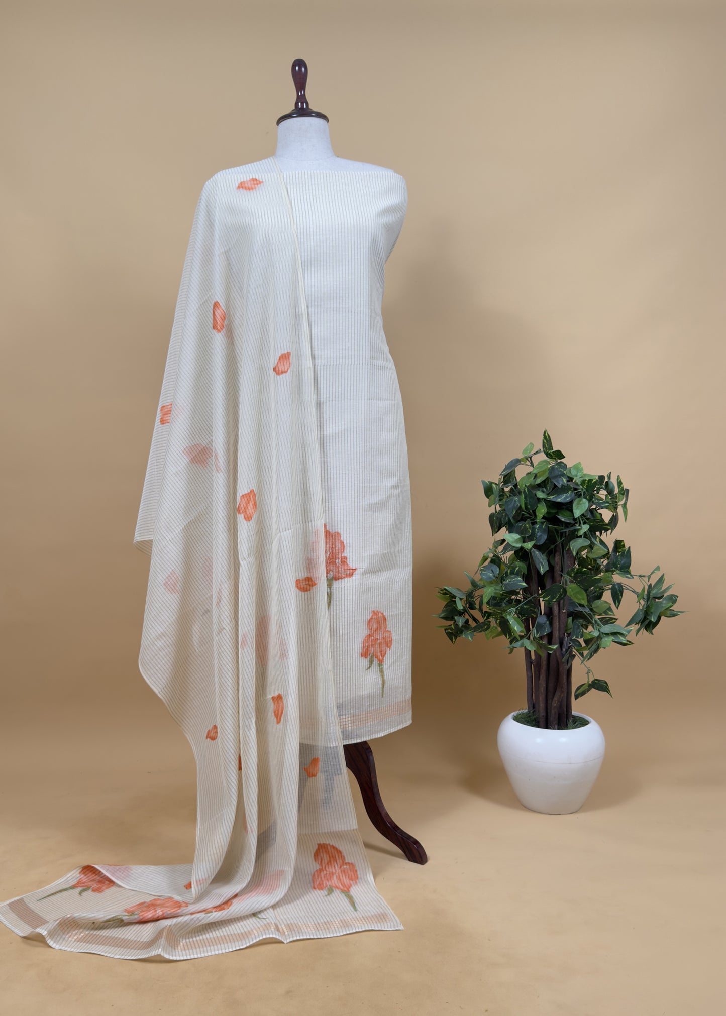 Beige With Pink Pure Cotton Linen Hand Block Print Suit Fabric With Jamdani Weaving