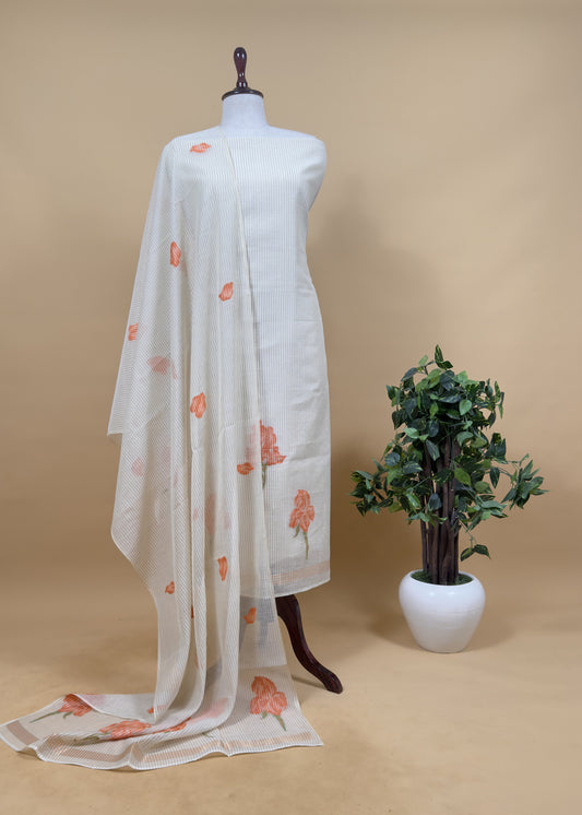 Beige With Orange Pure Cotton Linen Hand block Print Suit Fabric With Jamdani Weaving