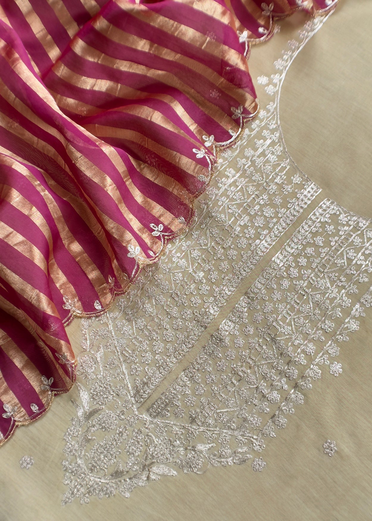 Beige Handloom Mulmul Suit With Tissue Panel Dupatta