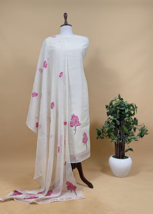Beige With Pink Pure Cotton Linen Hand Block Print Suit Fabric With Jamdani Weaving