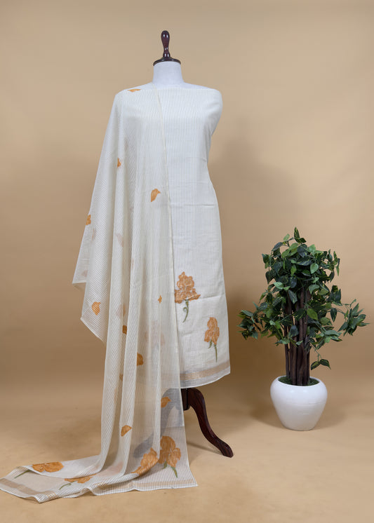 Beige With Yellow Pure Cotton Linen Hand block Print Suit Fabric With Jamdani Weaving