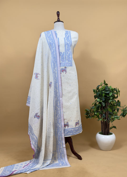 Off White With Blue Cotton Linen Suit With Jamdani Weaving