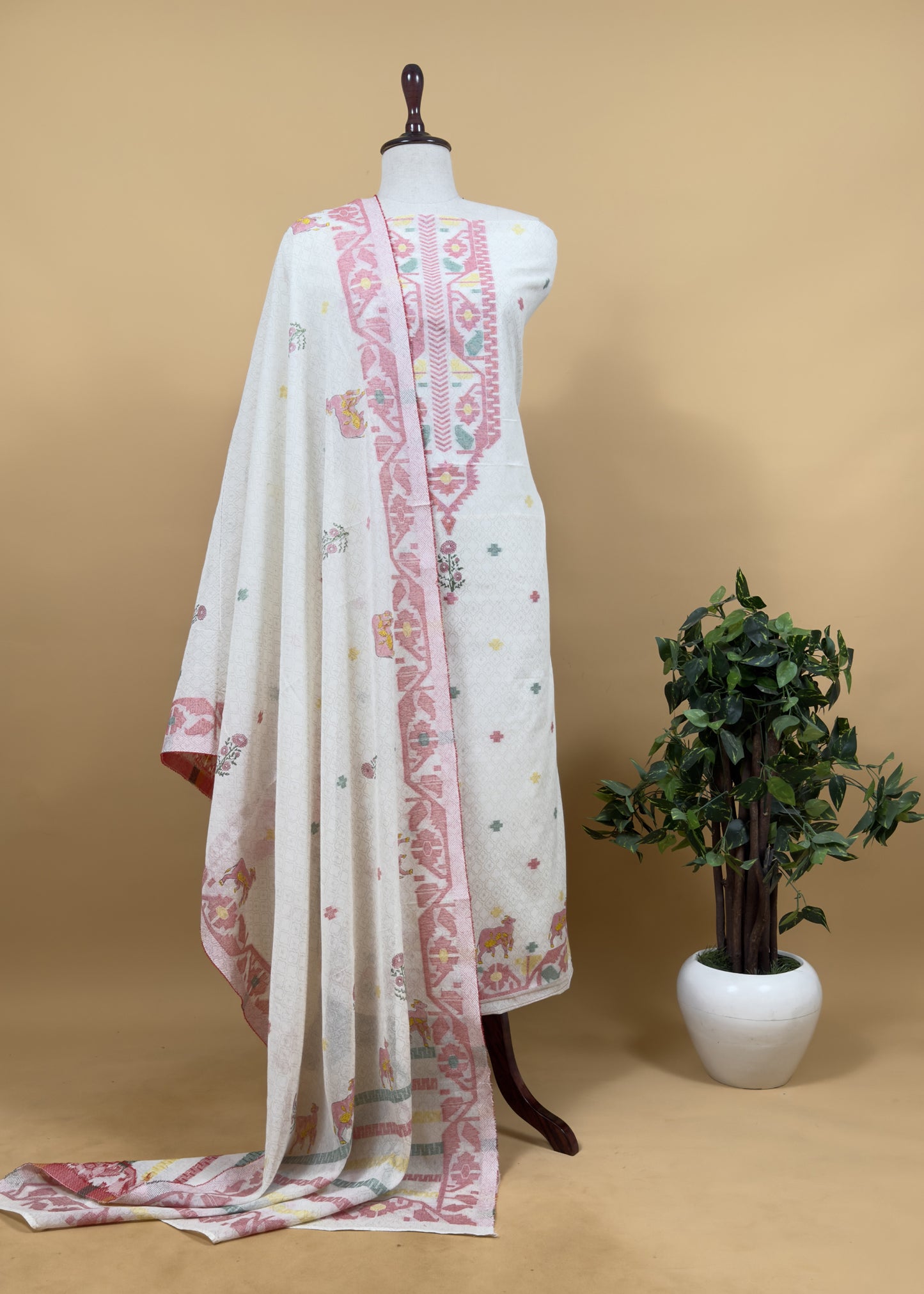 Off White With Blue Cotton Linen Suit With Jamdani Weaving