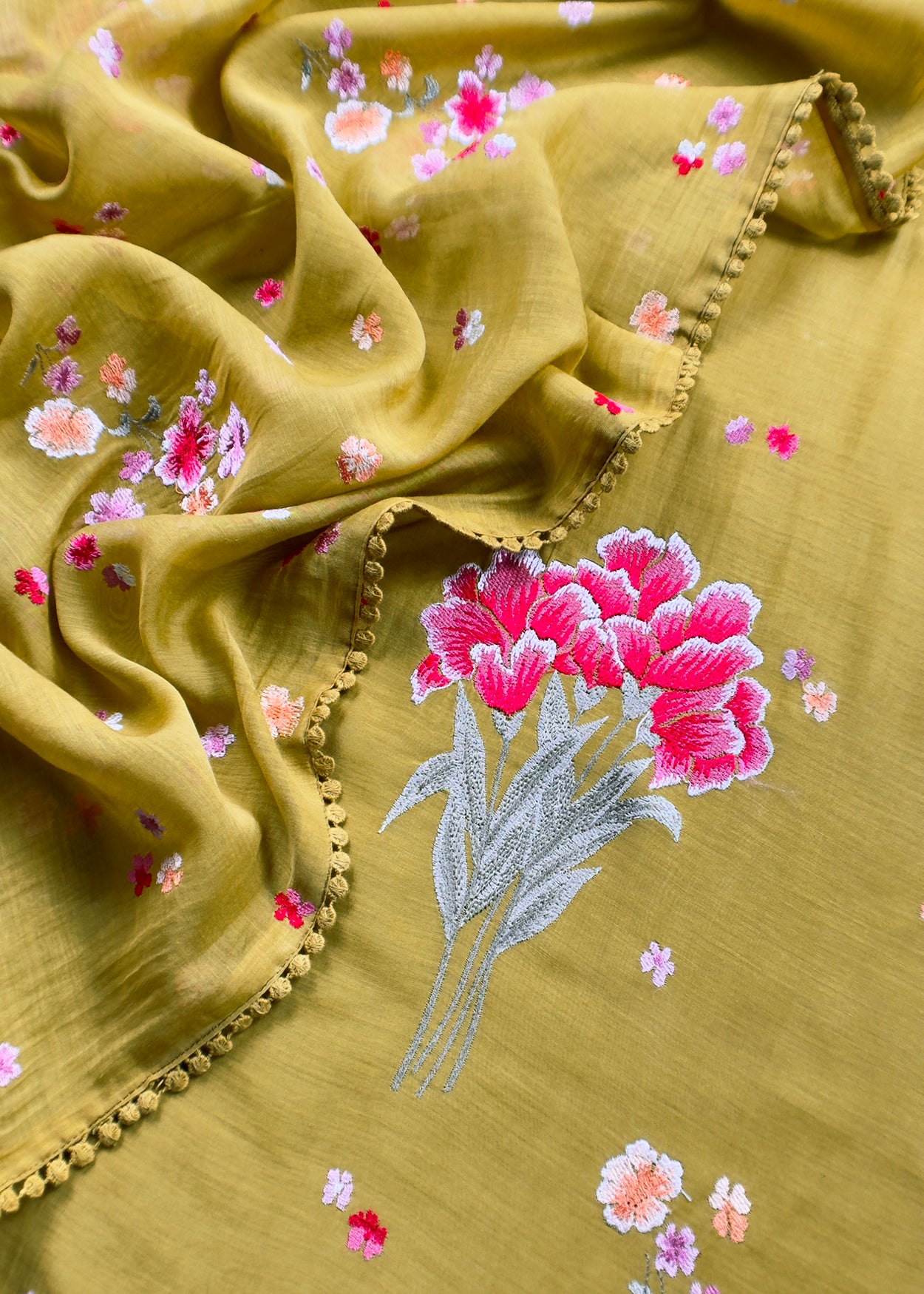 Mehndi Green Handloom Mulmul Kurta With Cross Stitched Embroidery