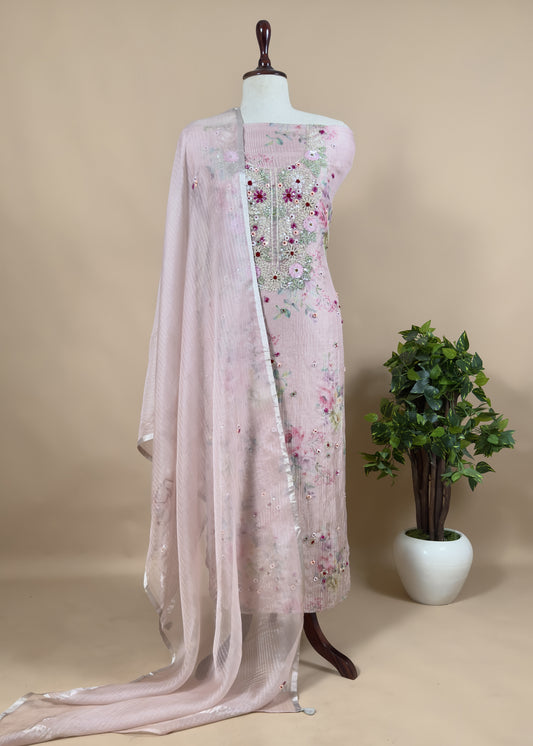 Pink Crushed Tissue Silk Unstitched Suit