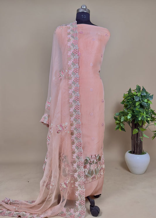 Peach Flamingo Embroidered Unstitched Suit In Organza