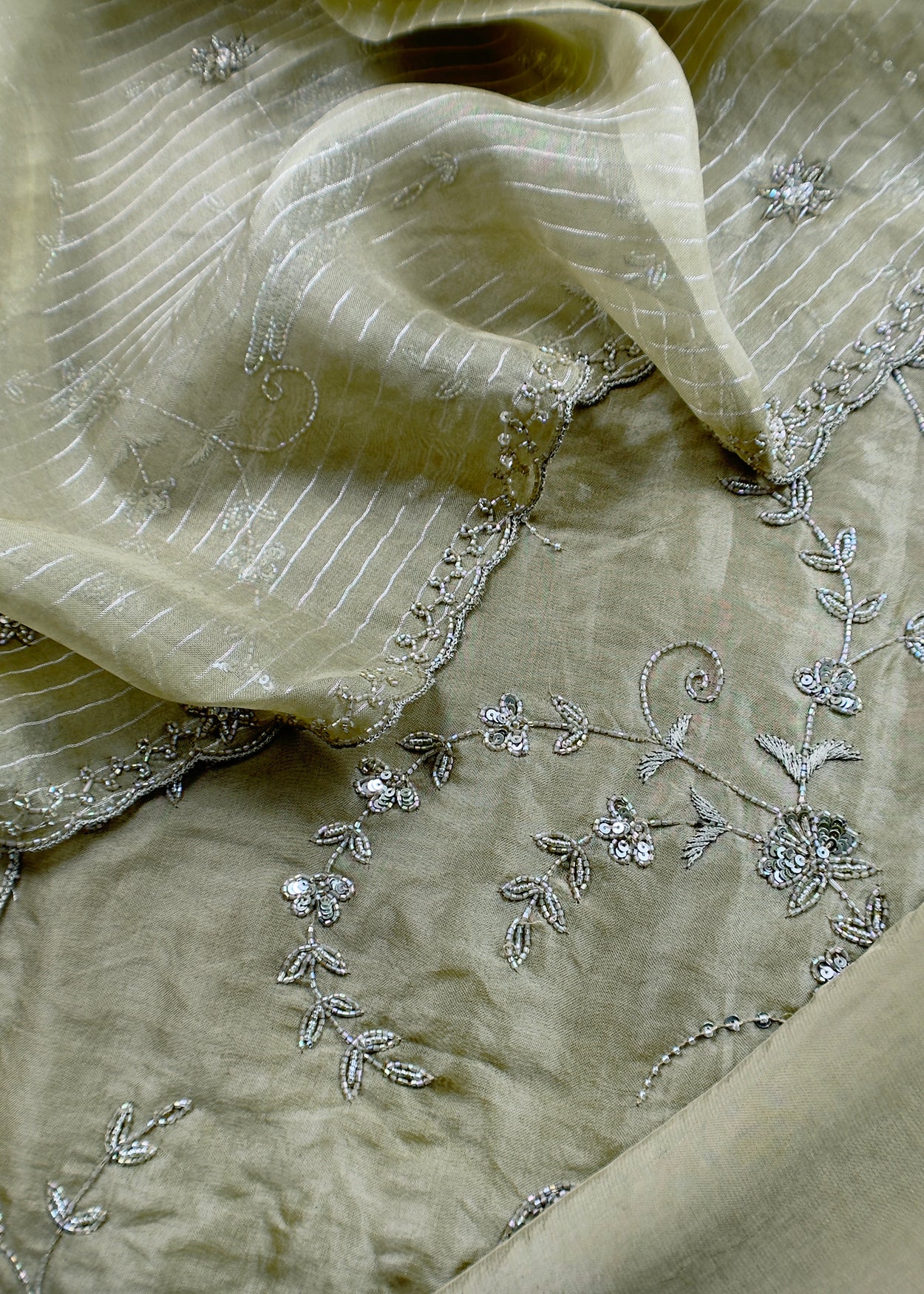 Oliva Green Pure Kora Silk Suit With Zardosi And Dabka Handwork
