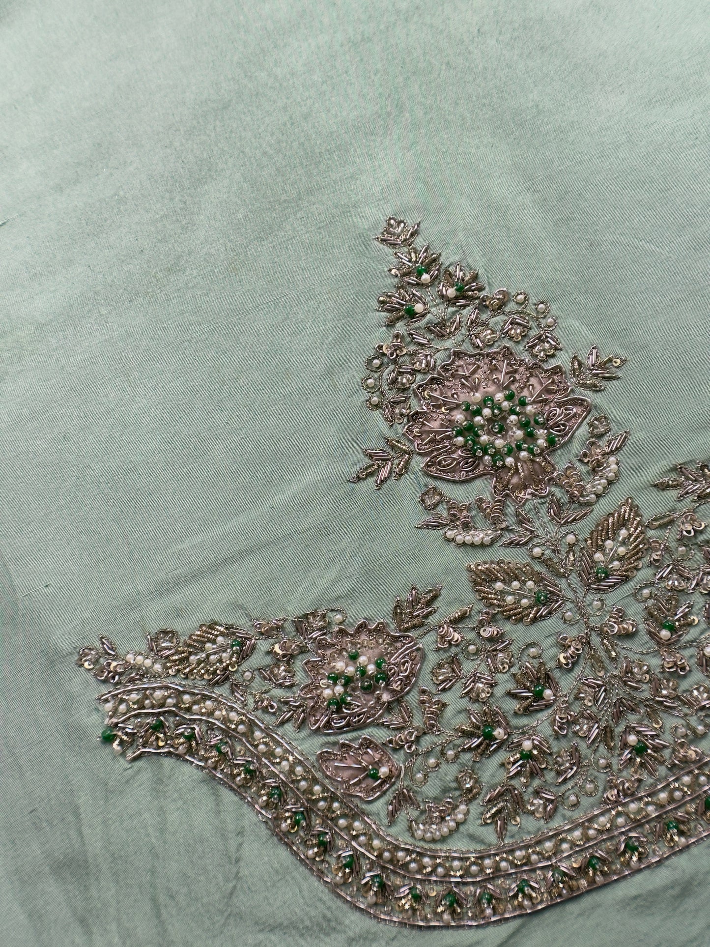 Mint Green Luxe Handloom Dupion Silk Kurta and Kora Silk Dupatta With Handwork