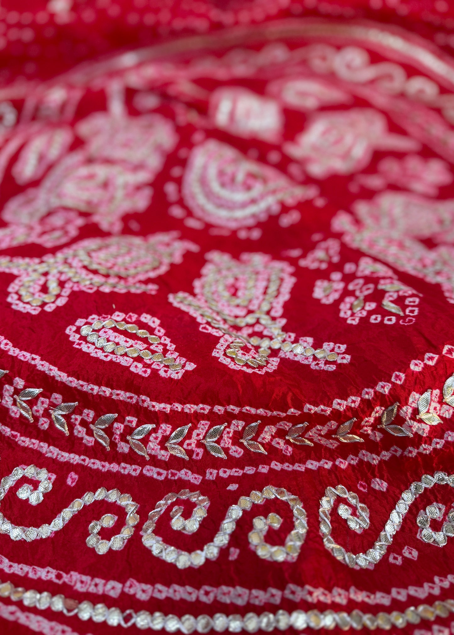 Red Handloom Silk Saree With Bandhani And Gota Patti Work