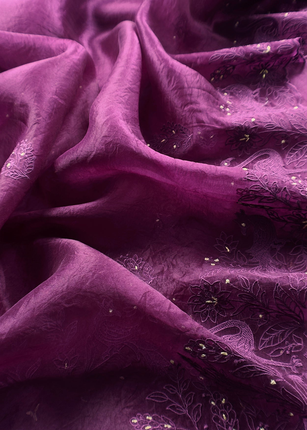 Purple Organza Silk Suit Fabric with Parsi Flamingo Embroidery