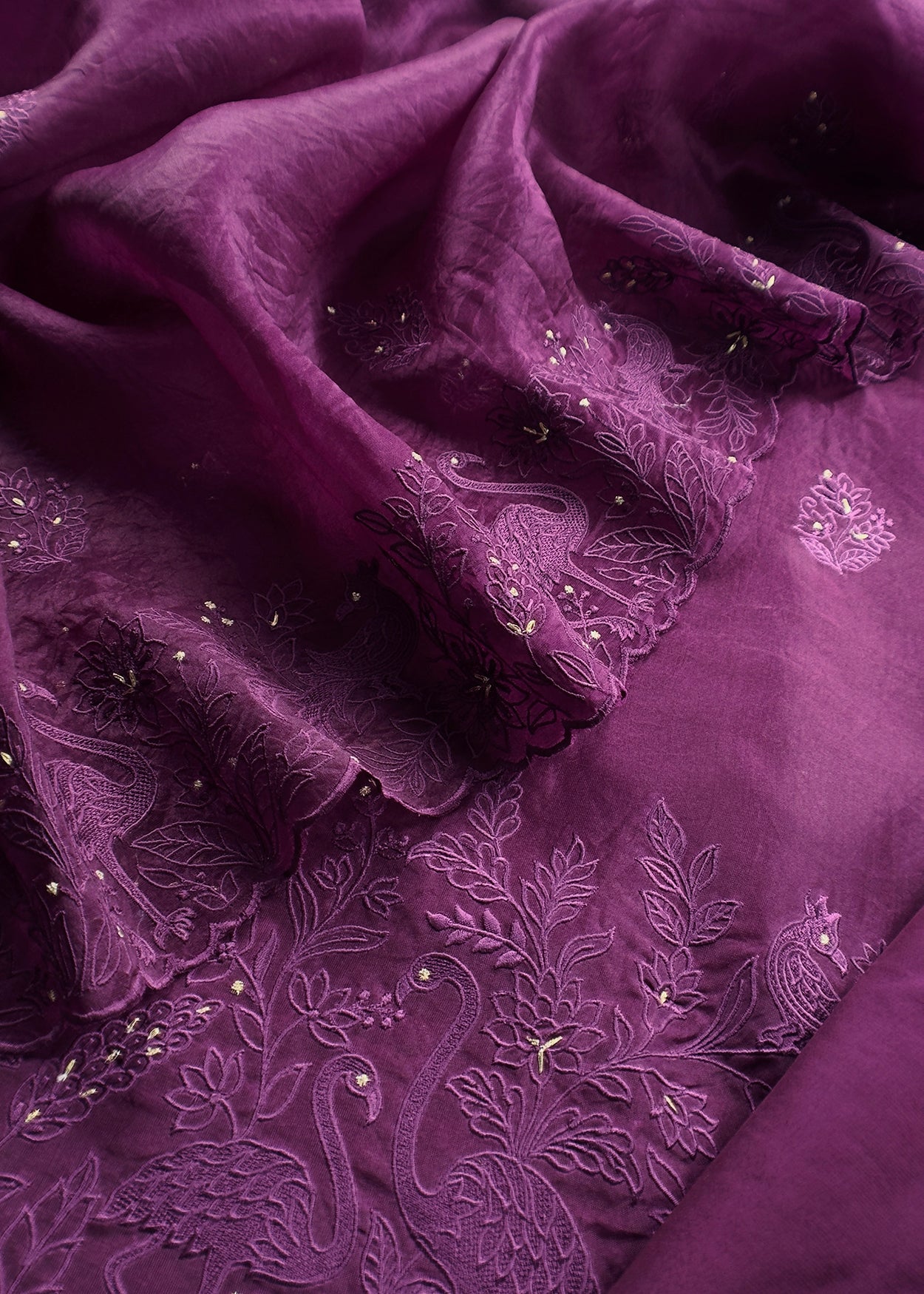 Purple Organza Silk Suit Fabric with Parsi Flamingo Embroidery
