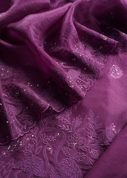 Purple Organza Silk Suit Fabric with Parsi Flamingo Embroidery