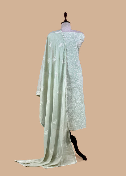Pastel Green Cotton Suit With Lakhnavi Embroidery