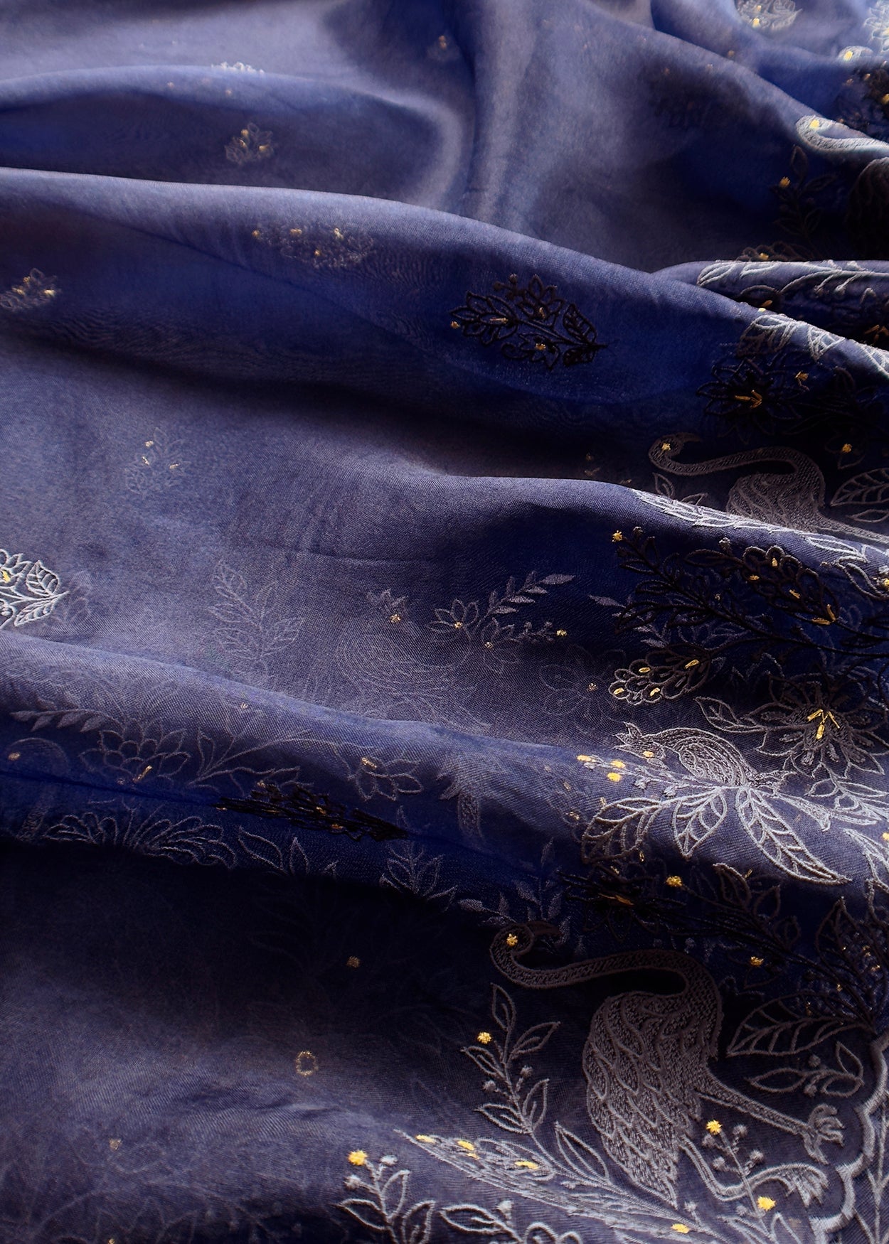 Navy Blue Organza Silk Suit Fabric with Parsi Flamingo Embroidery