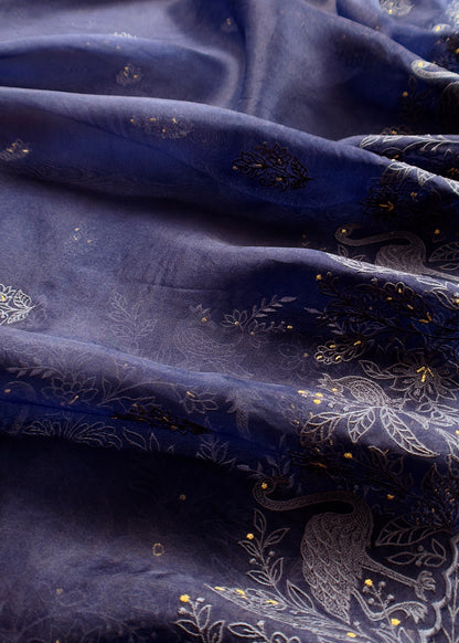 Navy Blue Organza Silk Suit Fabric with Parsi Flamingo Embroidery