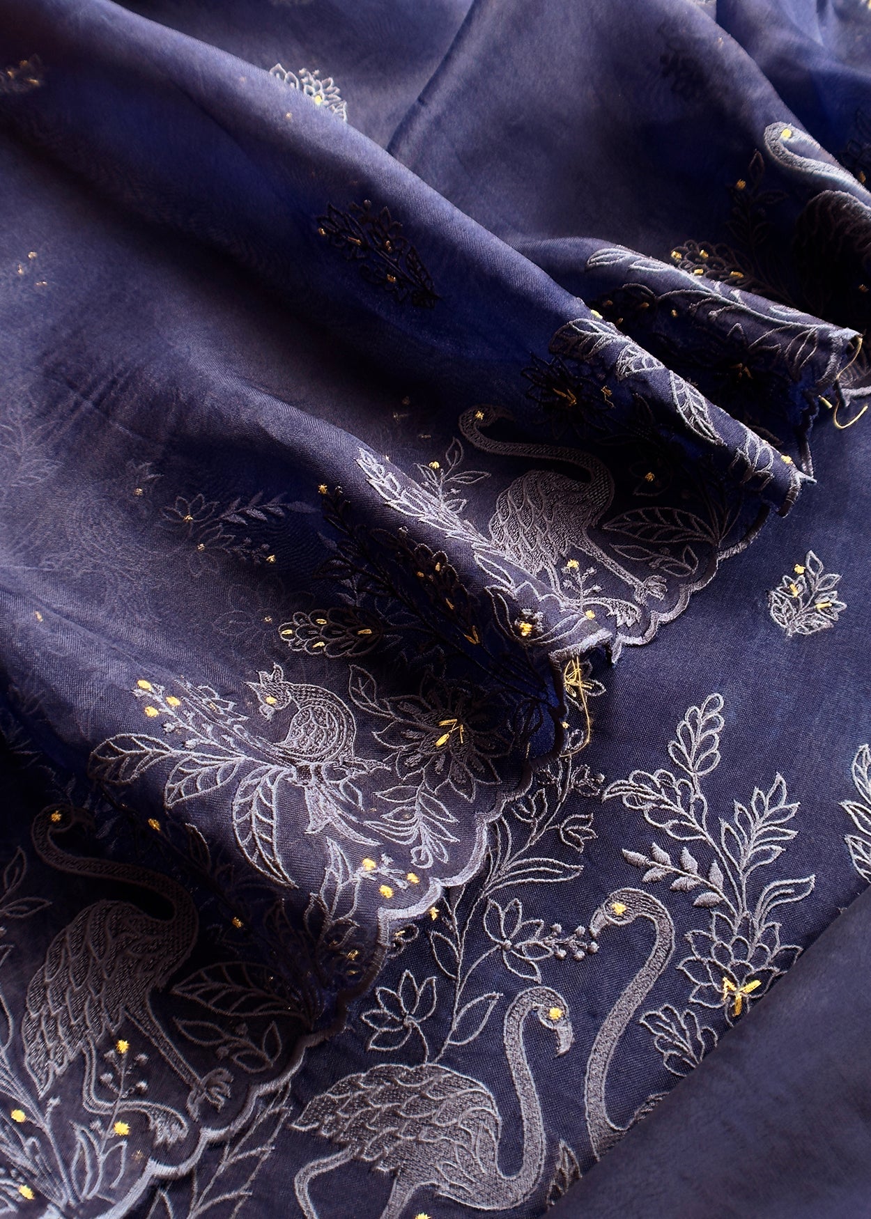 Navy Blue Organza Silk Suit Fabric with Parsi Flamingo Embroidery