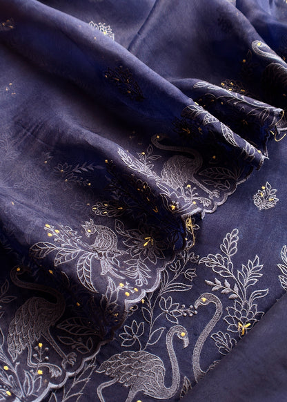 Navy Blue Organza Silk Suit Fabric with Parsi Flamingo Embroidery
