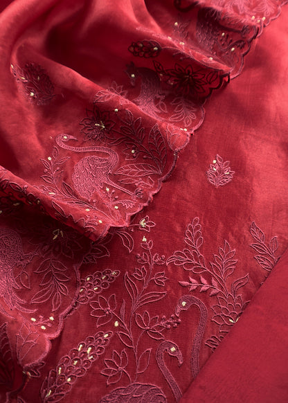 Maroon Organza Silk Suit Fabric with Parsi Flamingo Embroidery