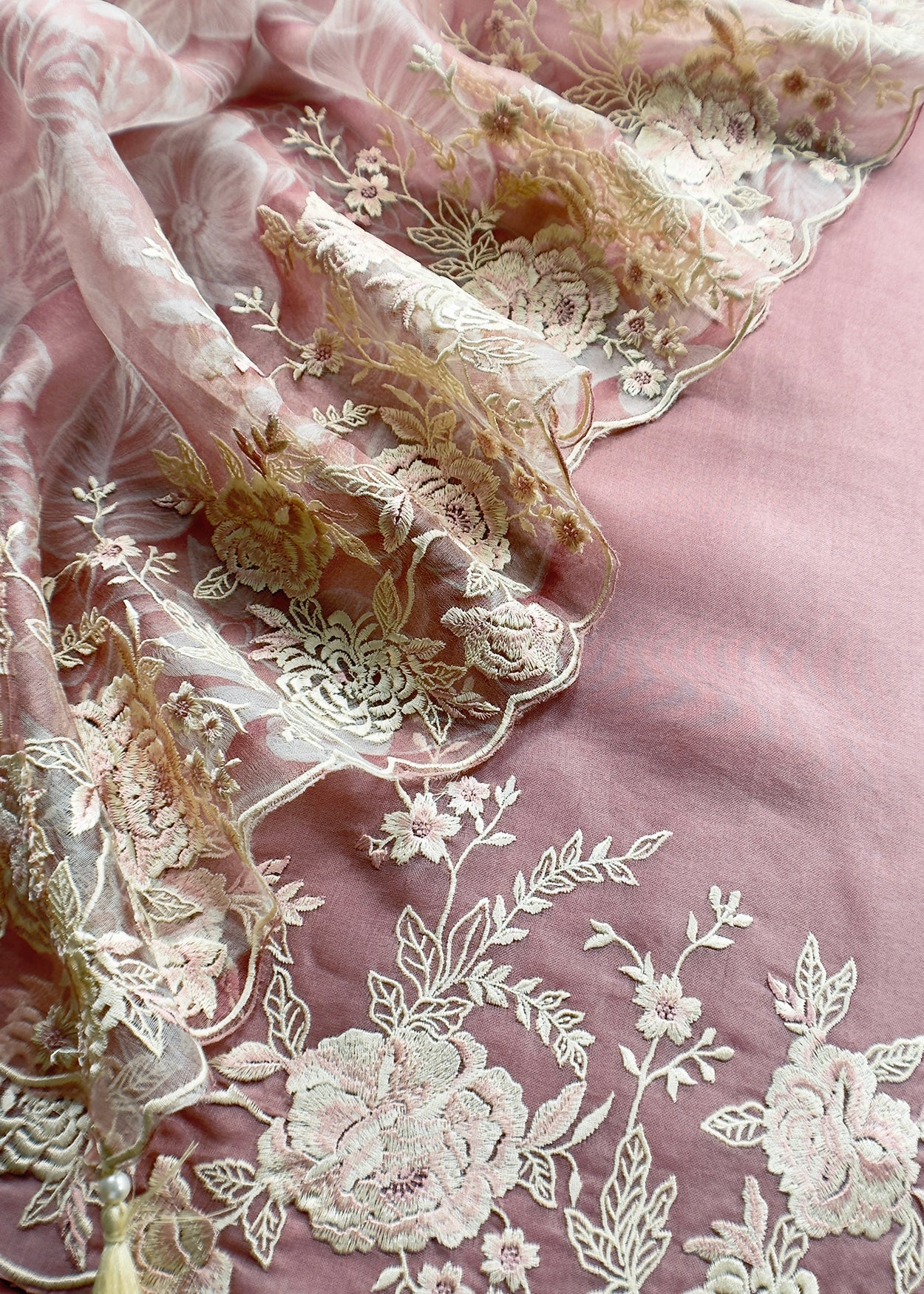 Pink Handloom Kora Silk Suit With Parsi Embroidery