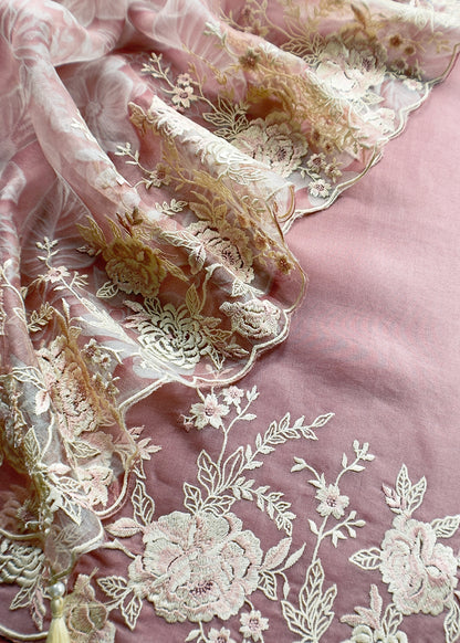 Pink Handloom Kora Silk Suit With Parsi Embroidery
